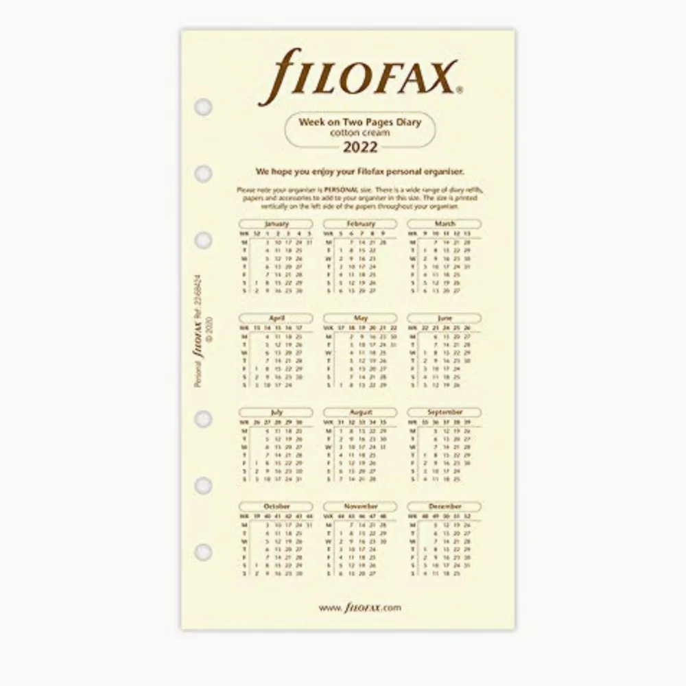 Set of 4 Filofax Personal Size Week On Two Pages Calendar Refill Cream 2022 - Picture 5 of 6